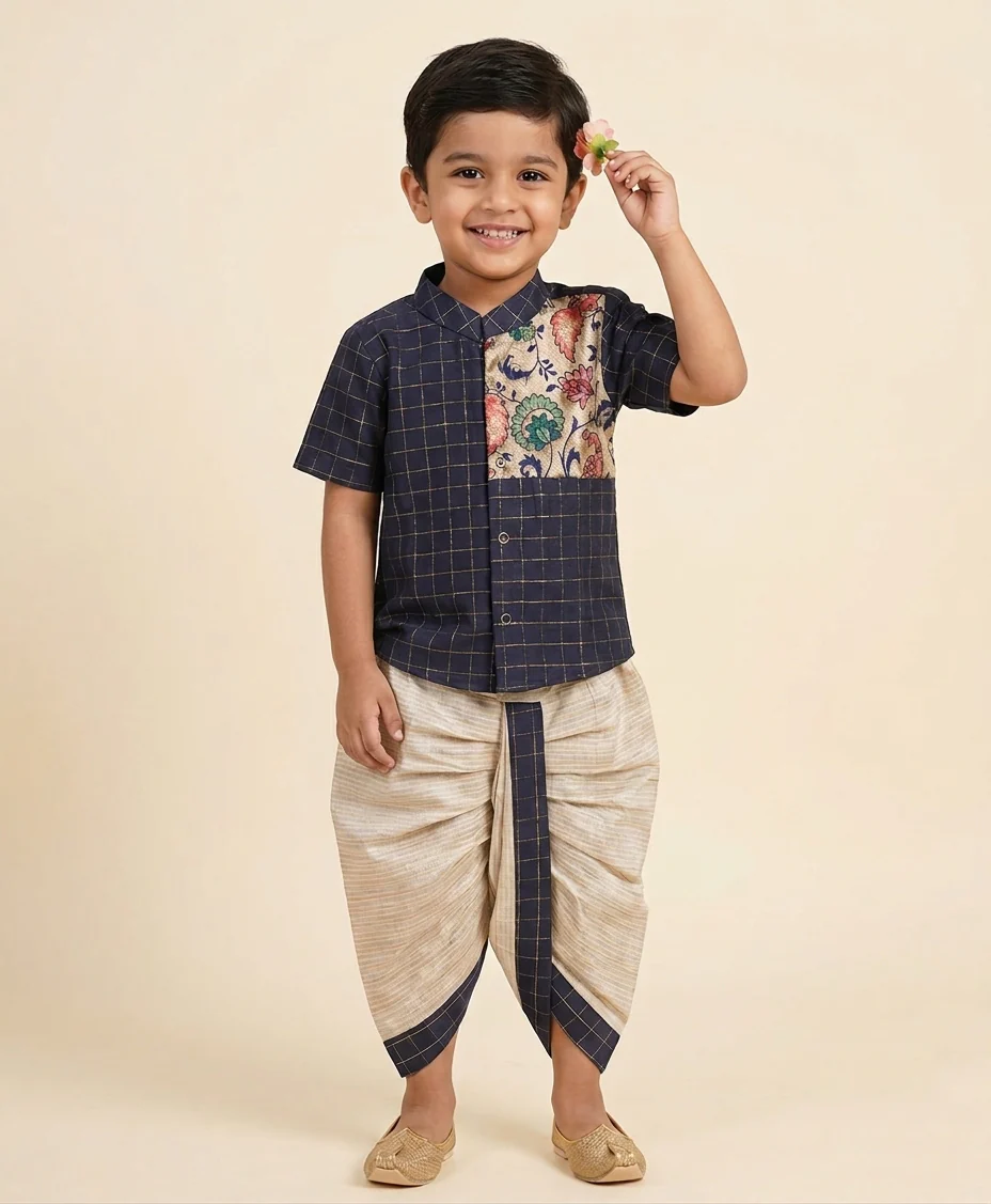 Paithani Blue Checks kurta & Dhothi Set